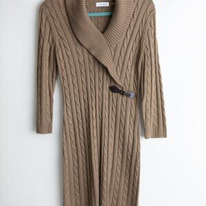 Calvin Klein Cable Knit Knee Length Sweater Dress with Faux Leather Buckle